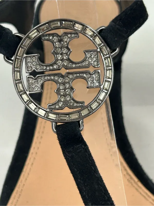 Tory Burch Black Suede Crystal Logo T-Strap Block Heel Sandals Size 9.5 - Image 2