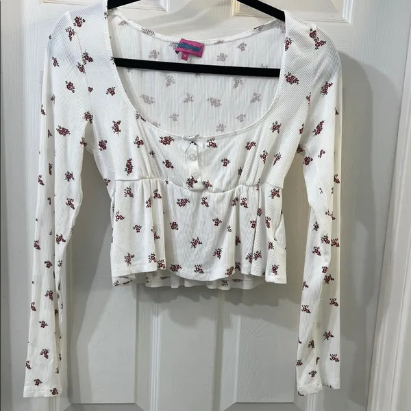 Edikted Floral Babydoll Long Sleeve Top Coquette Ribbed Bow Detail Size Medium - Image 6