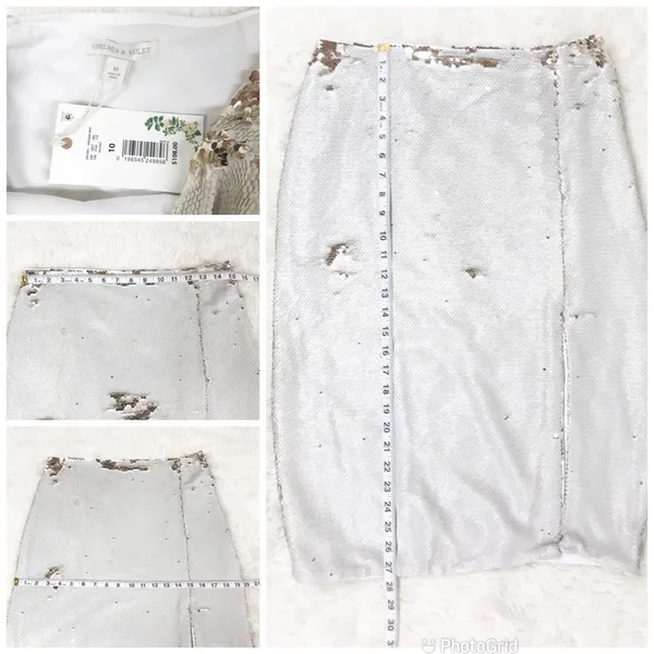 CHELSEA & VIOLET Silver Gold Full Sequin Midi‎ Pencil Skirt Metallic Size 8 10 - Image 11