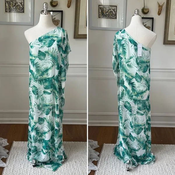 NWT Aura Women's Sleeveless Flutter Side Chiffon Maxi Dress Green Frond Print $1 - Image 2