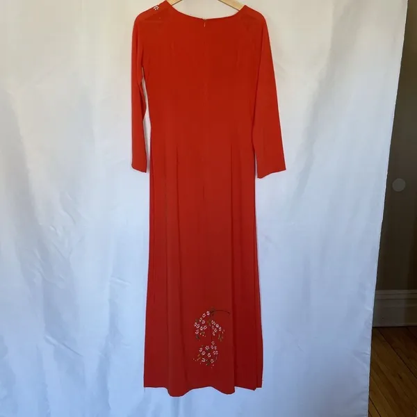 Vintage Floral hand painted Red Maxi Dress‎ Womens XL Long Sleeve high slits - Image 8