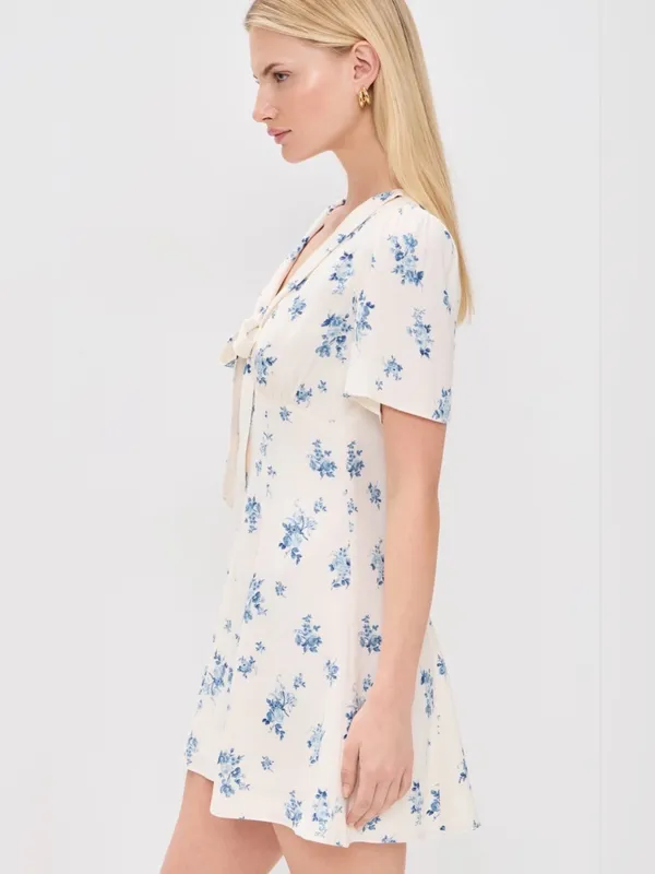 Reformation Tyra Mini Dress Floral Modest Blue Cream Girly Feminine Dress Sz 2 - Image 4