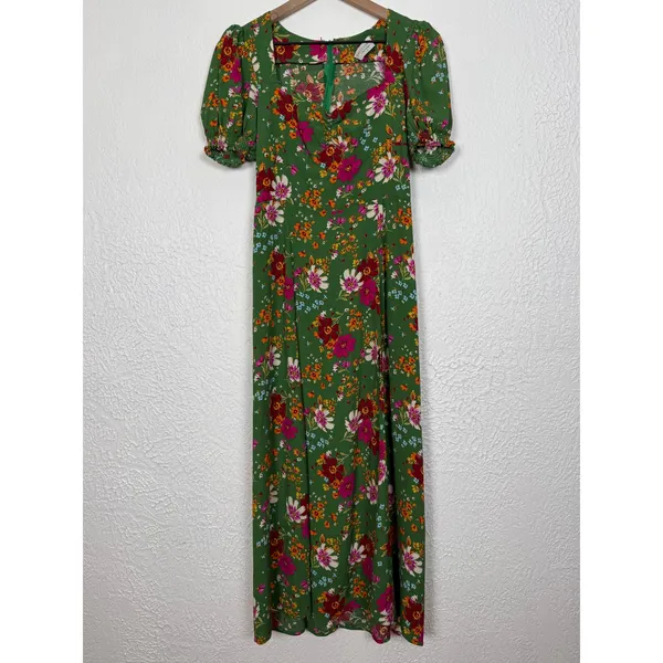 Dress Forum Green Floral Puff Sleeve Midi Dress Sweetheart Slit Size Medium - Image 2