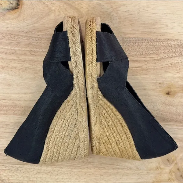 White Mountain Dupioni Fabric Peep Toe Espadrille Wedge‎ Heels Black 9 - Image 5