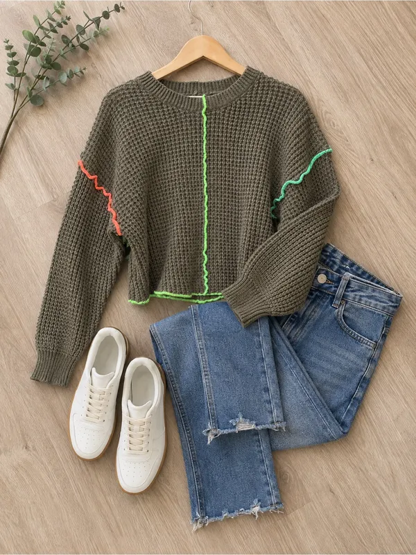 New IN Women’s Waffle Knit Sweater Medium Brown Neon Contrast Stitch - Image 5