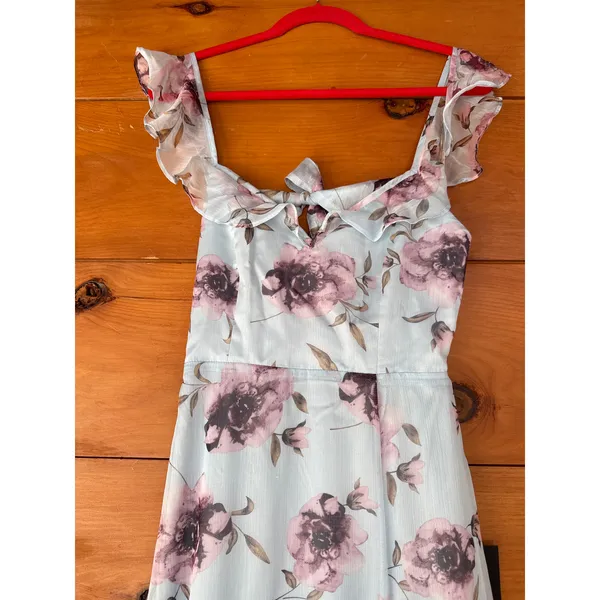 NWT Lulus Sweetest Entrance Light Blue Floral Ruffled Tie-Back Maxi Dress Sz S - Image 5