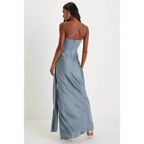 Lulus Signature Elegance Slate Blue Satin One-Shoulder Maxi Dress Prom X-Small - Image 3