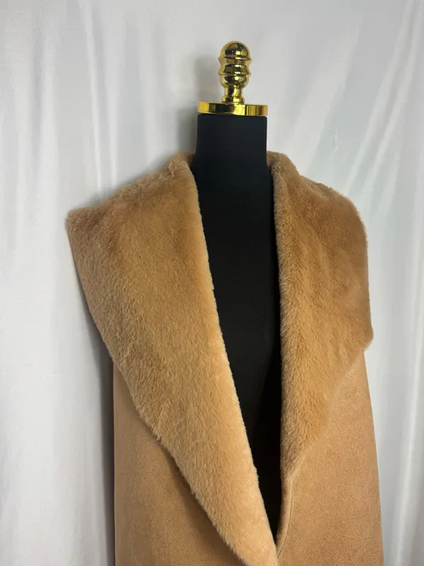 Twelfth Love Sherpa Coat Med Camel Faux Suede Cozy vest Open Front Cardigan - Image 2