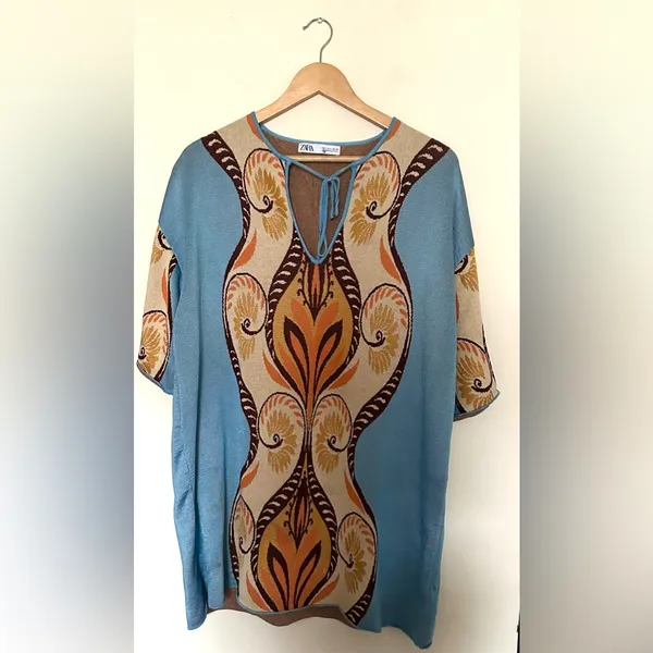 Zara Jacquard Kenia Mini Tunic Dress Womens Blue‎ and Orange Patterned Sz Large - Image 3