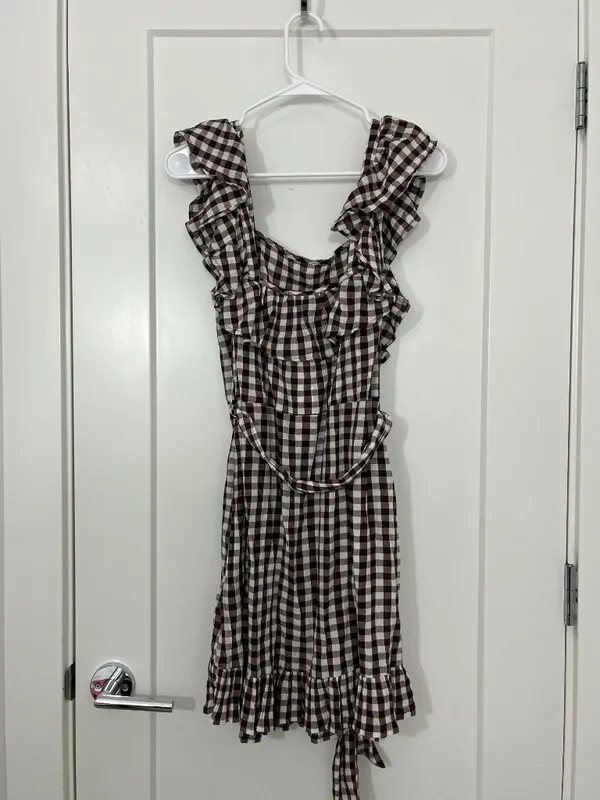 New Topshop Size 10 Brown Gingham Ruffle Sleeve Sash Dress NWT - Image 5