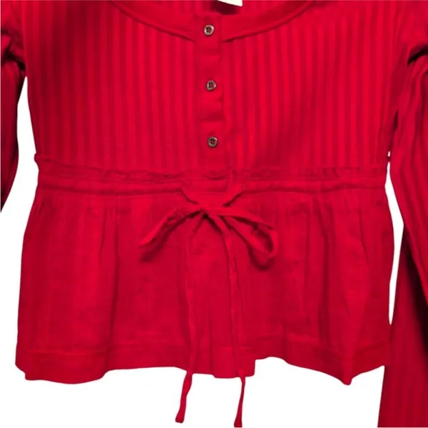 PILCRO Peplum Tie Waist Red Ribbed Knit Long Sleeve Babydoll Scoop Neck Top M - Image 2