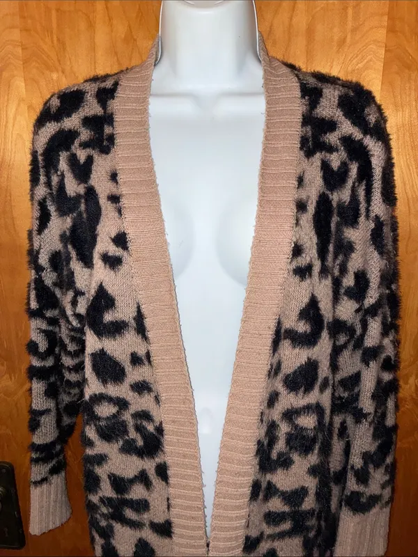 debut Tan and Black Fuzzy Leopard Print Long Open Front Cardigan - Size S - Image 2