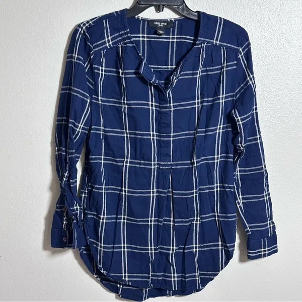 Nine West‎ Jeans Women Blue Plaid Button Up Blouse size Small. - Image 2