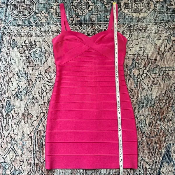 HERVE LEGER Paris Pink Bandage Mini Dress Sweetheart Neckline Hot Pink Bodycon M - Image 11