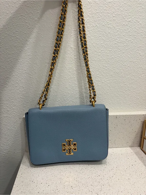 Tory Burch Britten Pebbled Leather Convertible Shoulder Bag Blue Purse EUC - Image 8