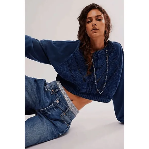 Free People Navy Blue Sweetness Sweatshirt Cropped Knit Slouchy Large - Image 11