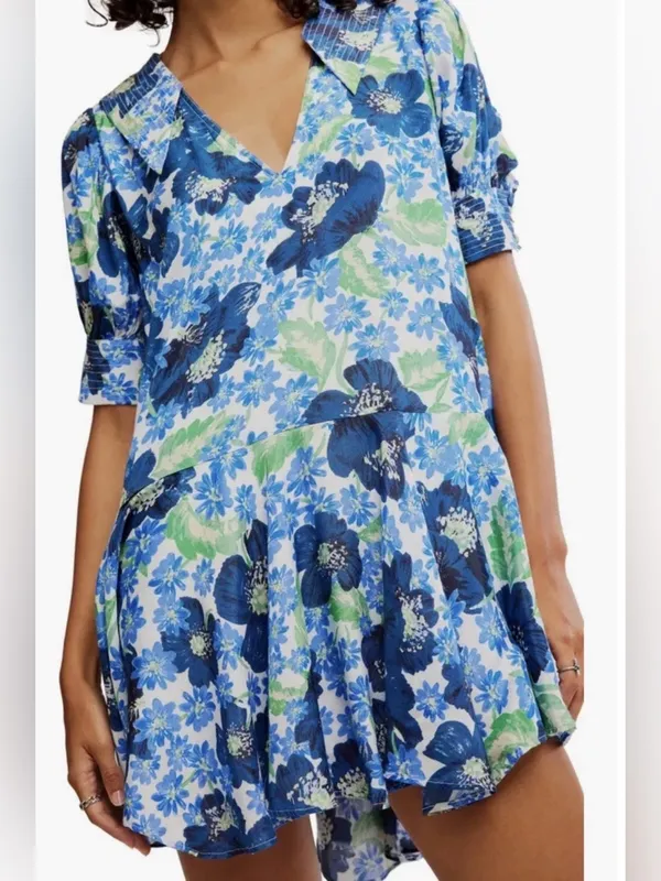 NWT Free People Moon Chaser Tiered Floral Puff Sleeve Collared Shift Minidress - Image 8