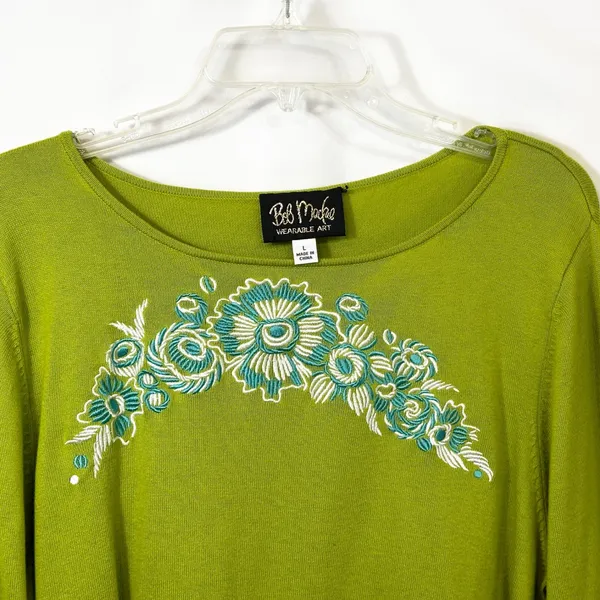 Bob Mackie Large Top Green Floral Embroidered‎ Sweater Bell Sleeve Fairy 1814 - Image 3
