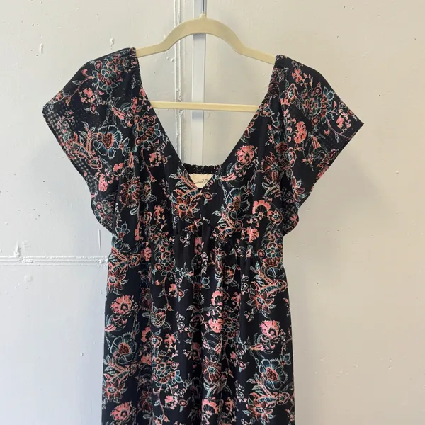 Universal Thread Black Floral Tiered Maxi Dress Small V-Neck Smocked Back Boho - Image 3