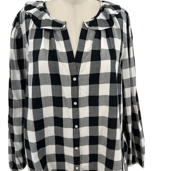 J. Crew Open Ruffle V-neck Button-up Shirt Gingham Plaid Check Black White‎ XL - Image 3