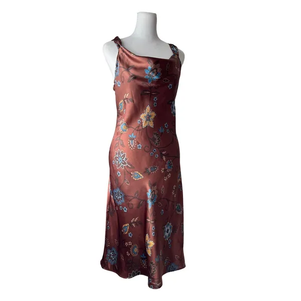 Vintage Y2K Faith Love Passion Brown Floral Cowl Neck Sleeveless Midi Dress - Image 6