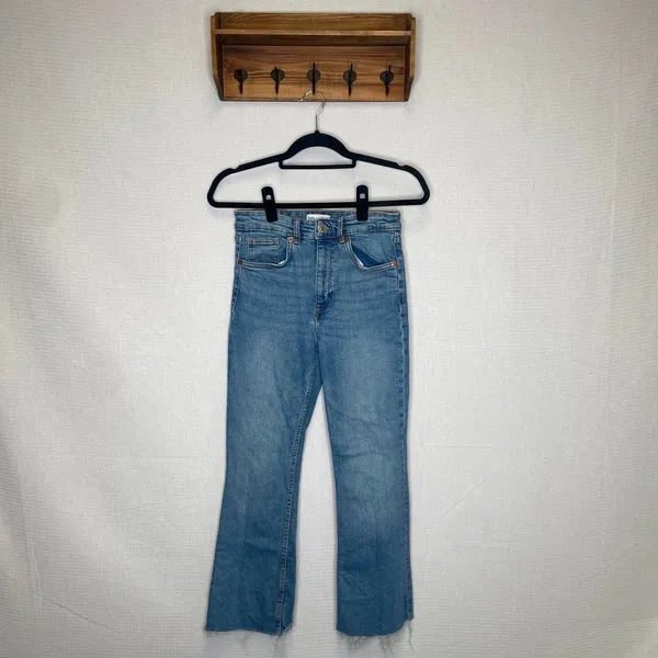 Zara | Blue Flare Jeans Raw Hem Boot Cut‎ 6 - Image 2