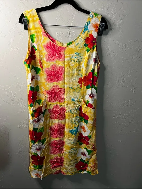 Jams World Vintage Rayon Yellow Hibiscus Tropical Floral Mini Dress - Image 2