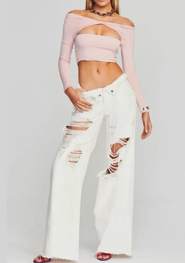 New SER.O.YA Ellis Twisted Cutout Front Long Sleeve Crop Top Pink Size Large - Image 3