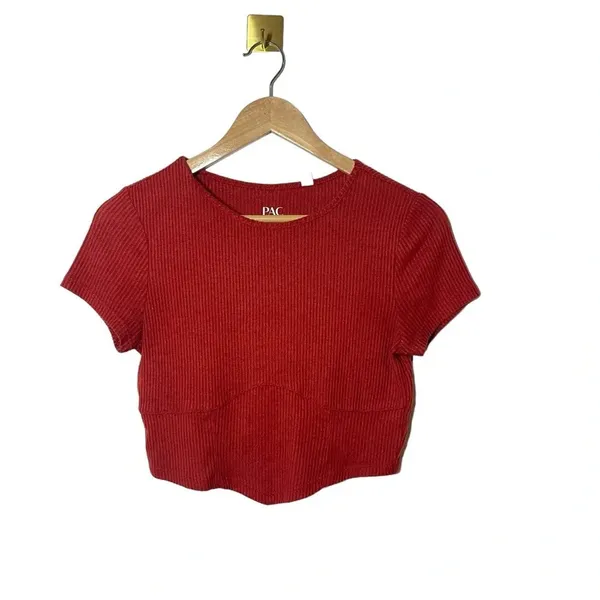 PacSun S Red Ribbed Fitted Crop Top Short Sleeve Baby Tee Rayon Stretch - Image 3