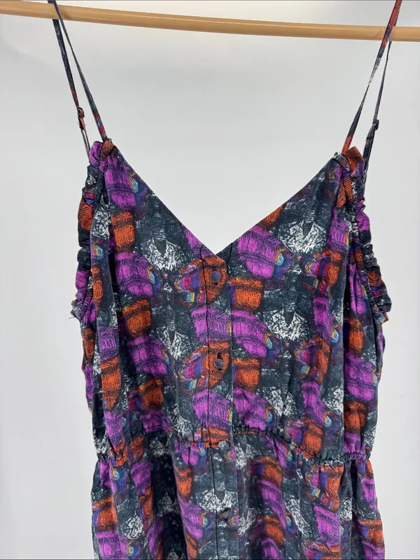 Ecote Multicolor Printed Mini Dress M 100% silk button front colorful pockets - Image 6