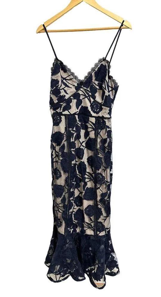 Lulu’s Alluring Dream Floral Mesh Lace Trumpet Midi navy Dress size Small NEW - Image 2