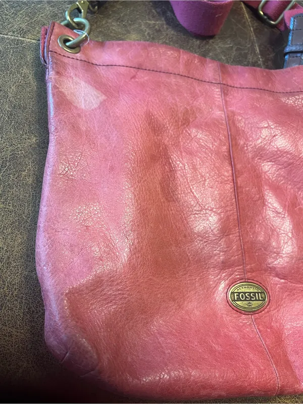 Fossil Red Pink Distressed Leather Crossbody Messenger Bag Large Boho - Image 8