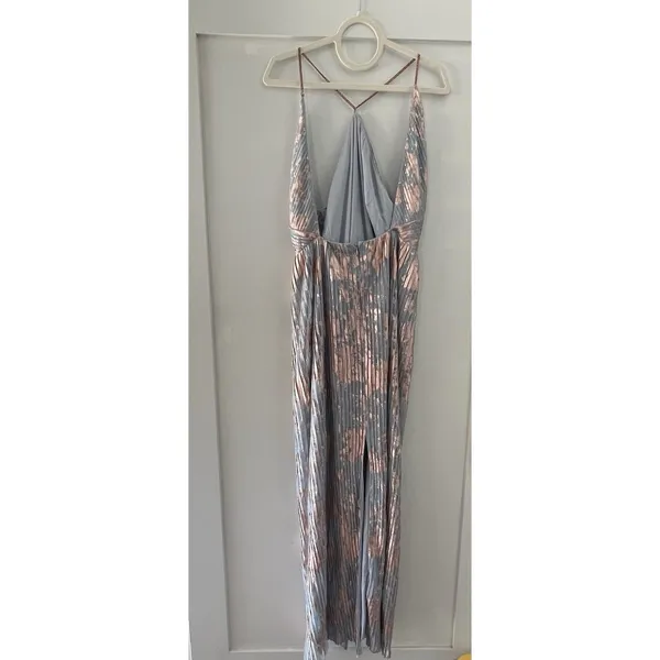 Adrianna Papell Pleated Foil Dress‎ Size 12 Blue Slate Multi Full Length Maxi - Image 3