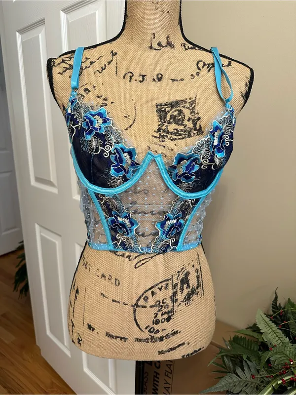 Floral Embroidered Lingerie Set – Teal & Black | Size M - Image 3
