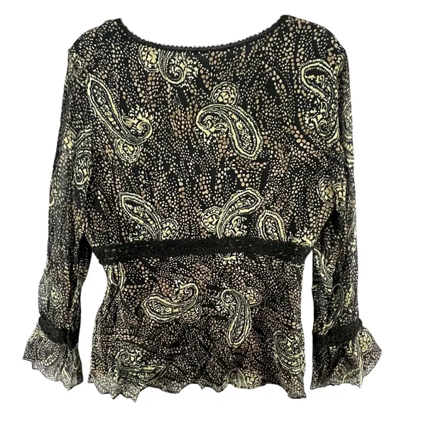 ICE Y2K Silk Babydoll Top Womens L Black Abstract Paisley Lined Whimsigoth Boho‎ - Image 6