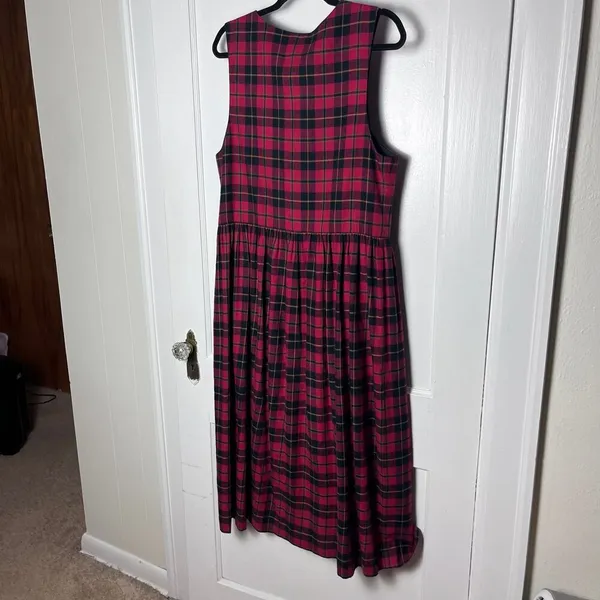Vintage Susan Bristol Red Black Plaid Pinafore Midi Flannel Holiday Dress Size 8 - Image 9