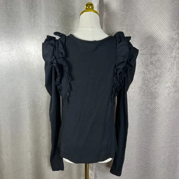 Anthropologie Black Ruffle V-Neck Puff Sleeve Knit Top Small Boho Romantic - Image 5
