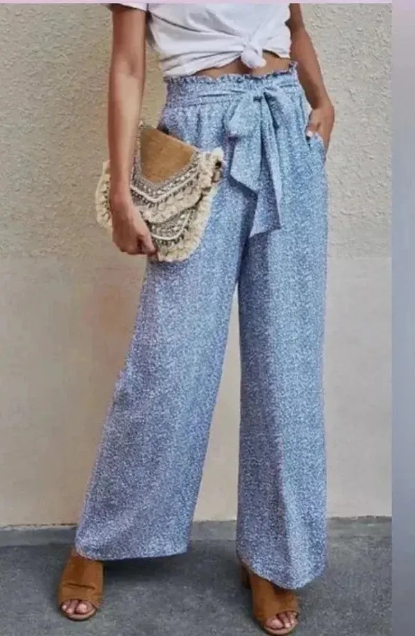 Coastal Chic Print Wide Leg Drawstring Pants Ocean Blue Womens size L - Image 3