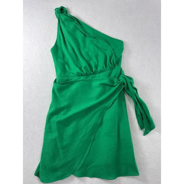Hello‎ Molly Yummy Love Green One Shoulder Wrap Mini Dress Knot Detail Sz S US 4 - Image 3