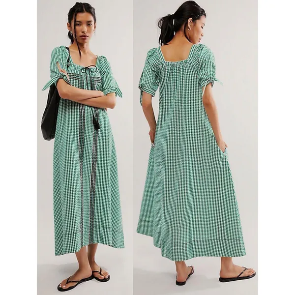 Free People Bohemian Embroidered Gingham Seersucker Cass Maxi Dress Green Small - Image 4