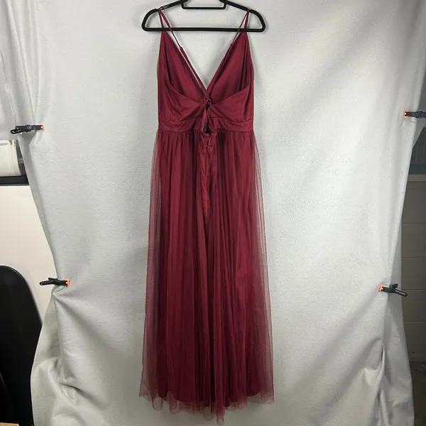 Lulus Burgundy Tulle Maxi Gown 2X Deep V Spaghetti Strap Front Slit Bridesmaid - Image 2