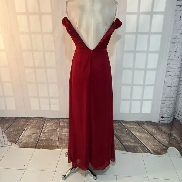Dessy Collection 2844 Burgundy Off The Shoulder Chiffon Bridesmaid Dress Size 0 - Image 7