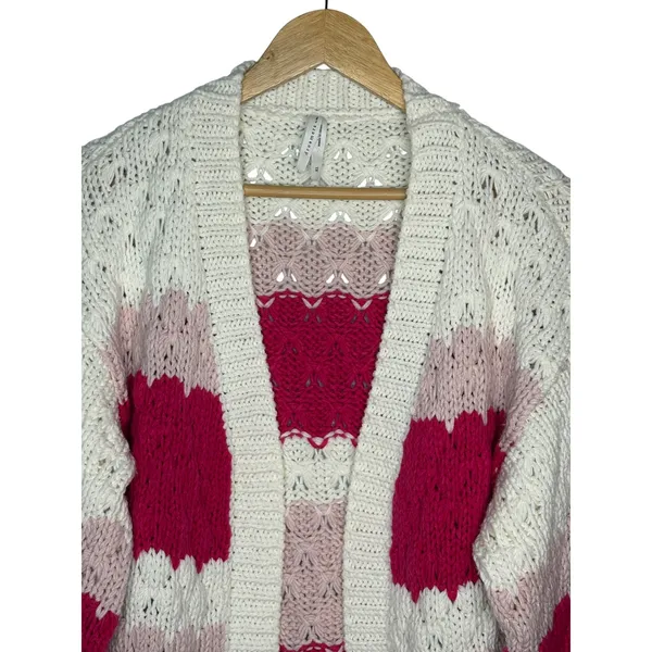 Dreamers by Debut Cardigan Sweater Womens‎ XL Pink White Striped Pointelle Knit - Image 3