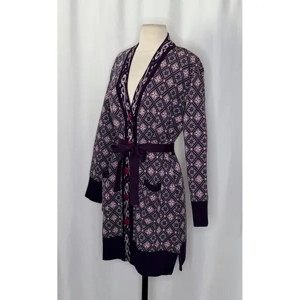 COSY WOOL‎ by Elson Purple Geometric Cardigan Sweater Belted Tie Waist Size 38 - Image 6