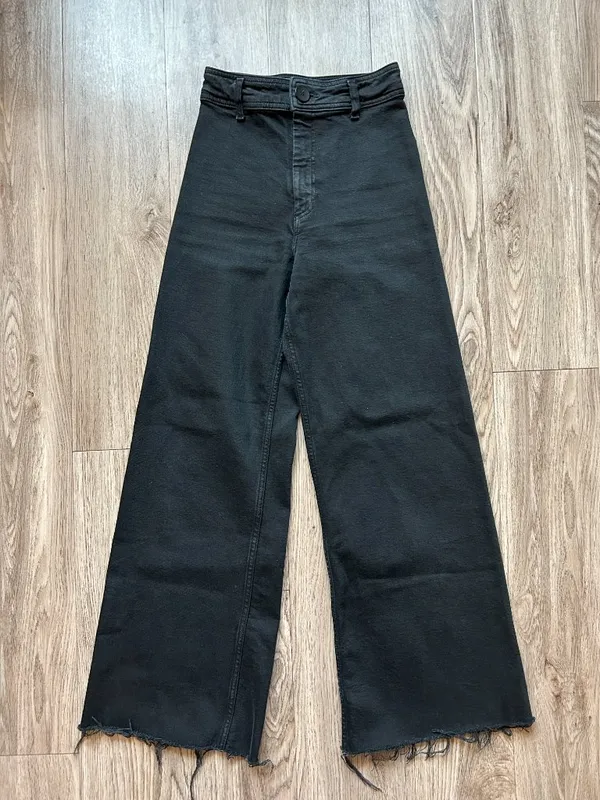 Zara The Marine Straight Wide Leg Raw Hem Jeans in Black Size 0 - Image 5