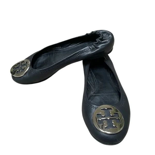 Tory Burch Reva Ballet Flats Women’s‎ 6.5 Travel Black Leather Silver Medallion - Image 2