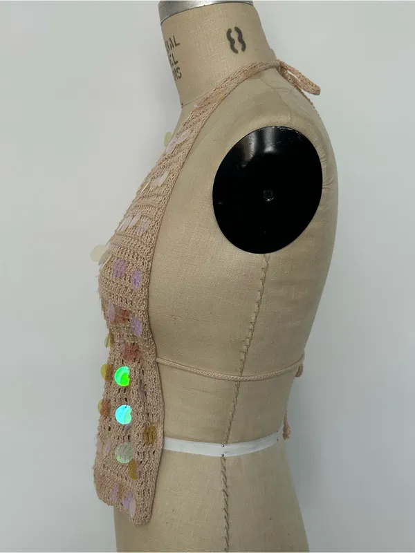 Beige Crochet Halter Crop Top with Iridescent Sequins Tan - Image 4