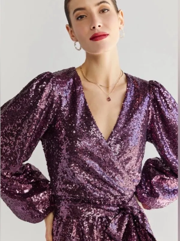 Francesca's Collections Purple Sequin Wrap Mini Dress - Image 3