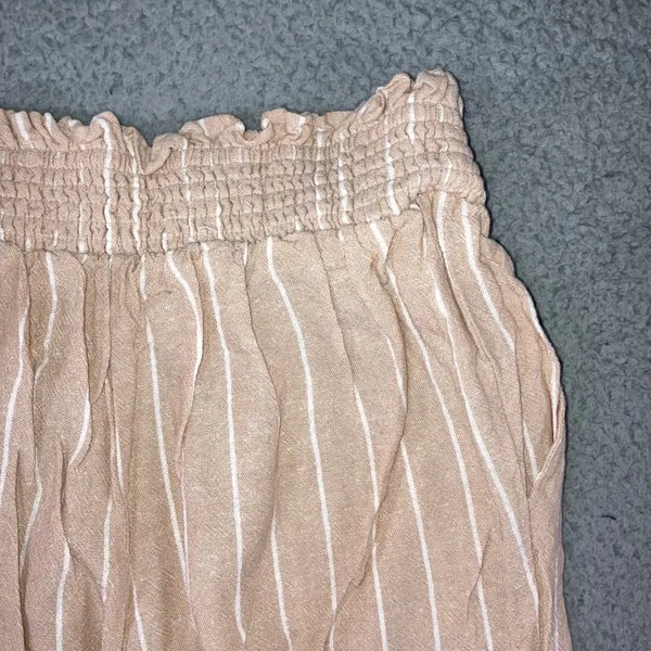 Pink Rose Wide Leg Pants Women S Tan White Striped Smocked High Rise Linen Blend - Image 11