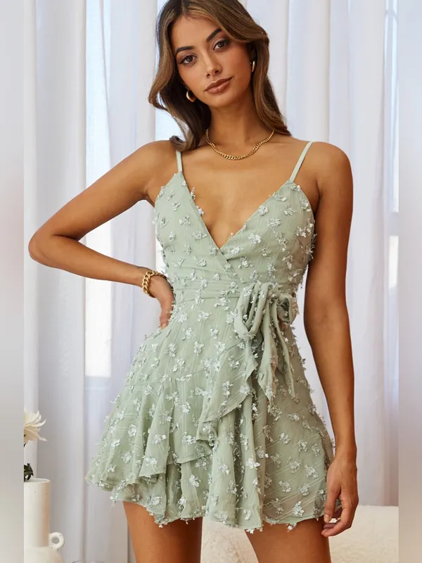Selfie Leslie Sheri Embellished Chiffon Olive Wrap Mini Dress Medium New NWT - Image 3